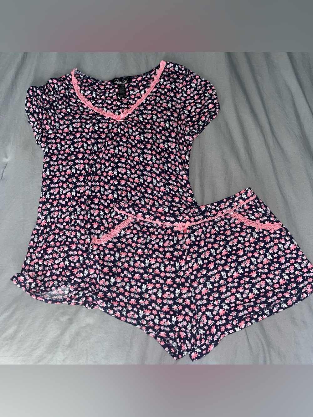 Rene Rofe Sleepwear Navy Floral Short-Sleeve Pajama Set with Pink Trim